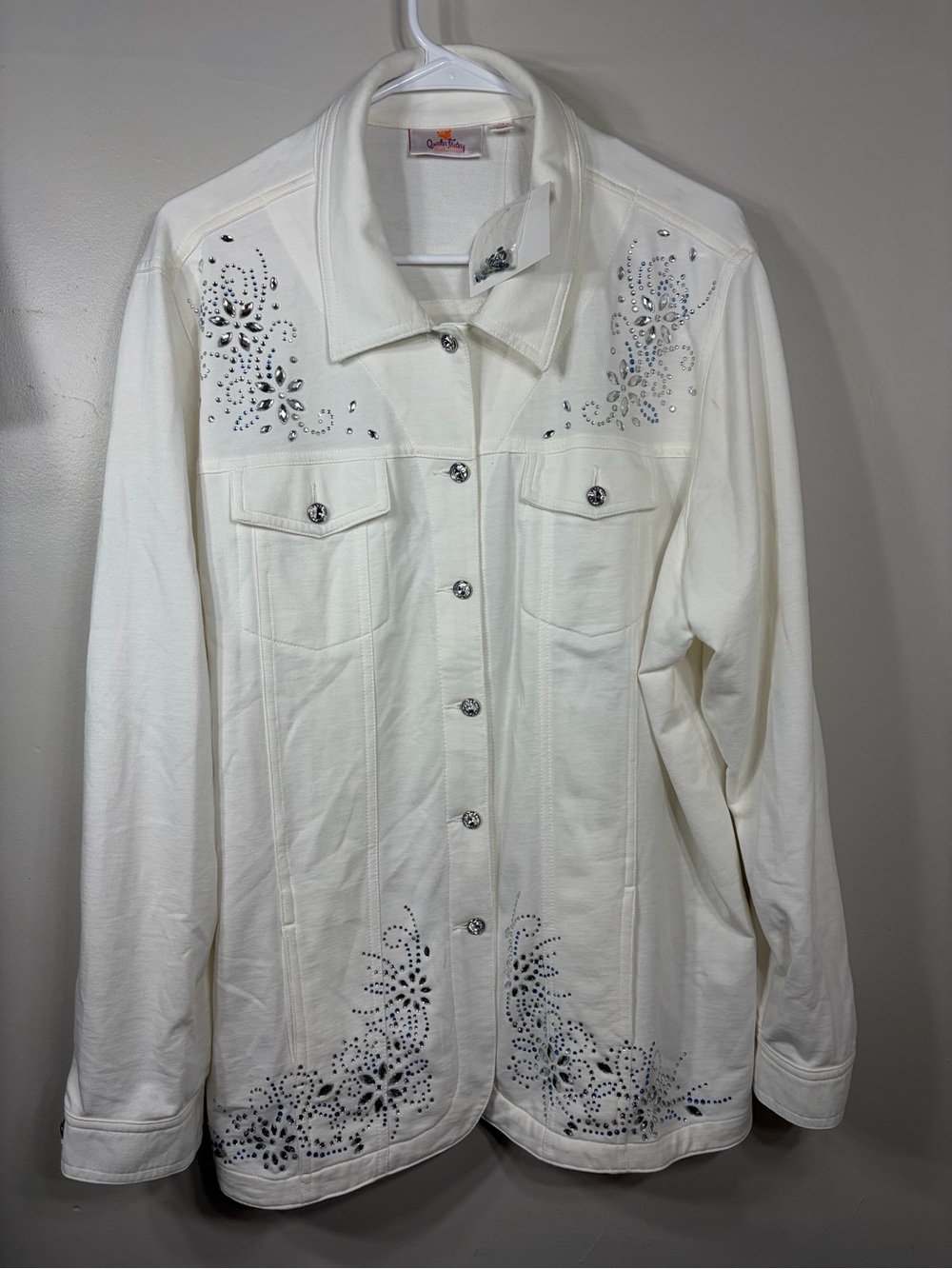 Quacker Factory XL White Rhinestone Embellished Knit Jacket Shirt QVC